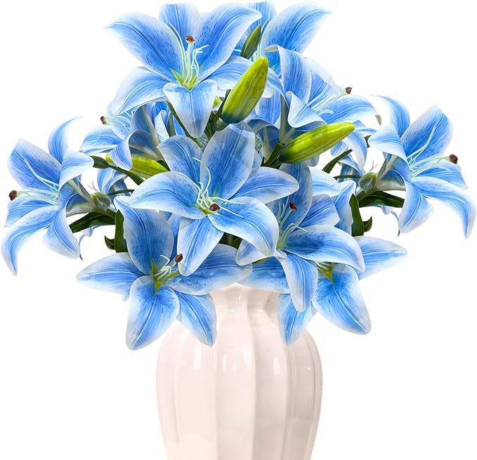 ASTRYAS 18 Heads Blue Fake Lilies, Artificial Lily Faux Lilies Bouquet with 18 Heads Full Bloom Lily & 6 Buds for Home Hotel Flower Arrangement Party Decor
