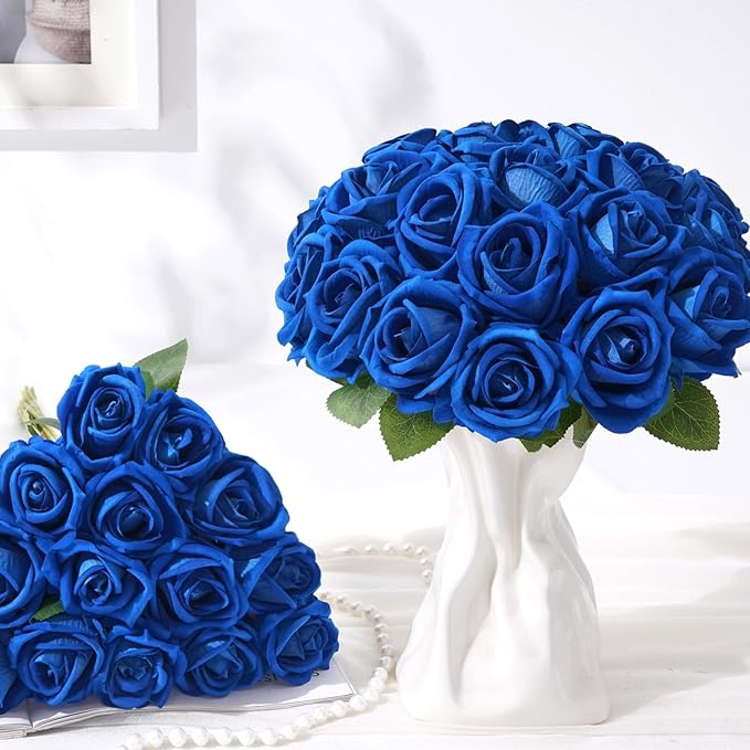BLEUM CADE 100 Pcs Blue Roses Artificial Flowers, Real Touch Velvet Roses Fake Flowers Bulk, Artificial Roses Bouquet with Long Stems Bridal DIY Wedding Party Centerpiece Decorations