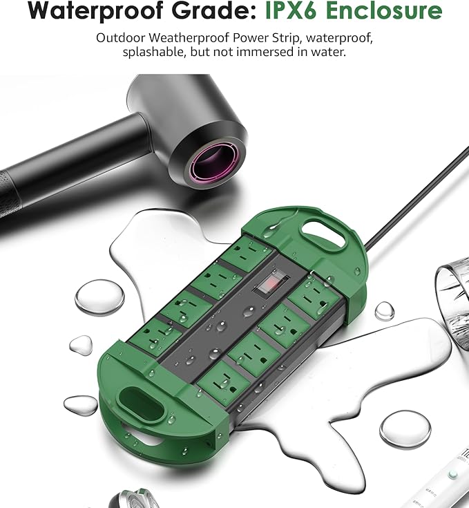 CCCEI Outdoor Power Strip Weatherproof with 8 Plug, Waterproof Extension Cord with Multiple Outlets, Christmas Exterior Garden Yard Surge Protector 25FT, Green.