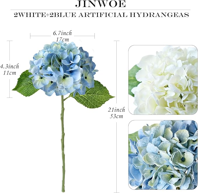 2 White +2 Blue Real Touch Hydrangea Artificial Flowers,21" Vintage Silk Fake Flowers, Faux Hydrangea Flowers for Wedding Bouque Centerpieces Tables Party Home