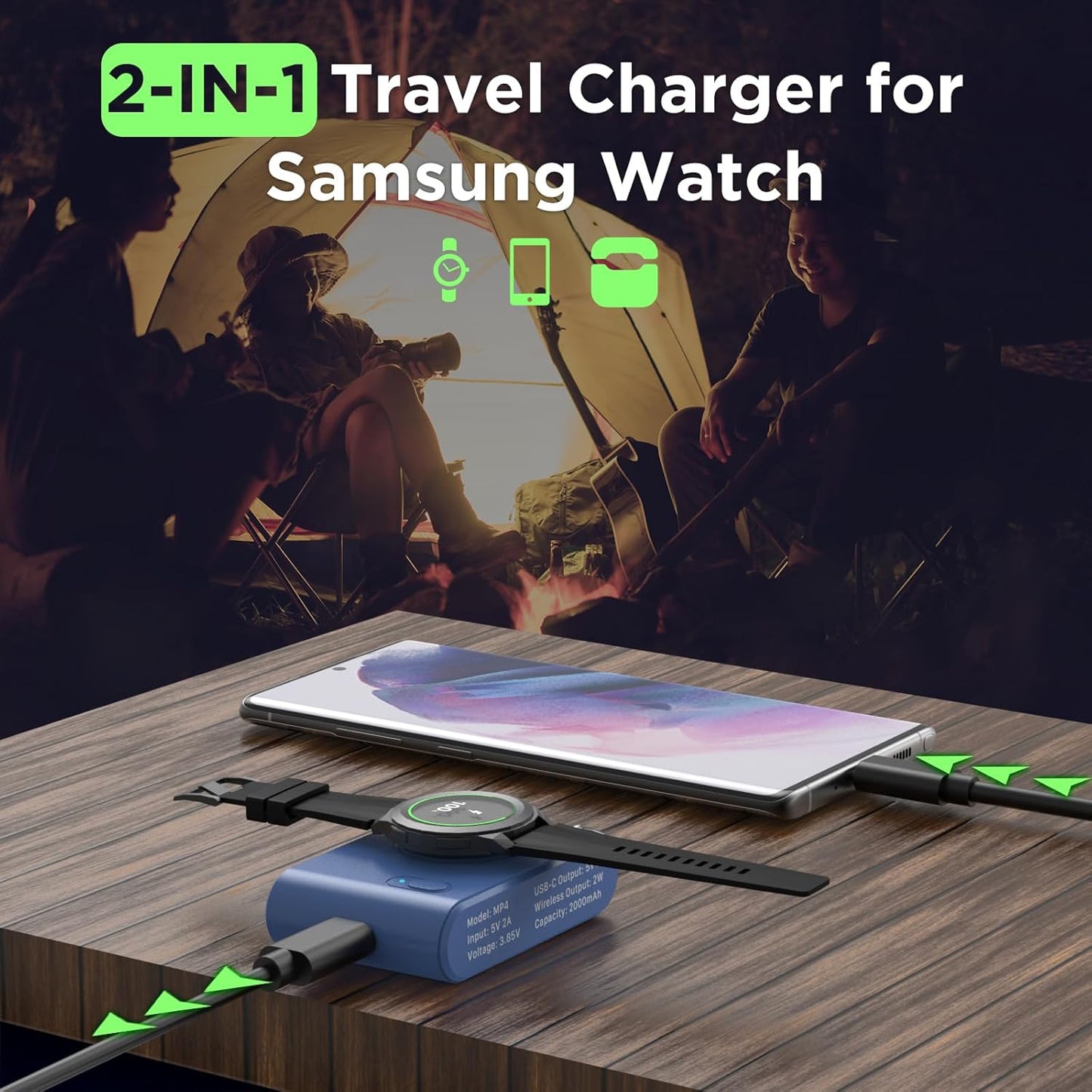 Portable Watch Charger for Samsung, 2000mAh 2-in-1 Magnetic Charger, Travel Wireless Power Bank for Galaxy Watch 6/6