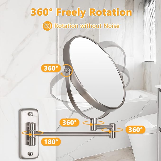 Wall Mounted Makeup Mirror - 10x Magnification 8'' Two-Sided Swivel Extendable Bathroom Mirror Nickel Finish
