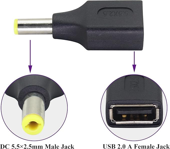 (2 Pack DC5.5 × 2.5 mm to USB Adapter Plug Power Converter USB 2.0 A Male to DC 5.5×2.5mm Male Barrel Socket DC Power Cable Connector for 5V DC or USB Charging Device(F/5.5×2.5)
