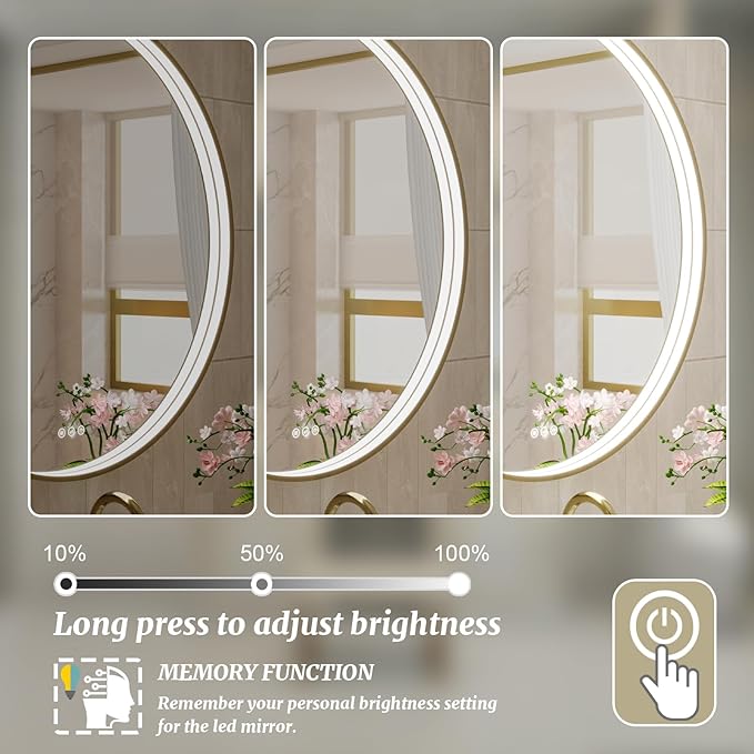 28 Inch Round LED Bathroom Mirror, Gold Metal Framed Lighted Mirror for Bathroom, Wall Mouted LED Vanity Mirror with Lights, 3 Colors and Stepless Dimmable, Anti-Fog, Memory