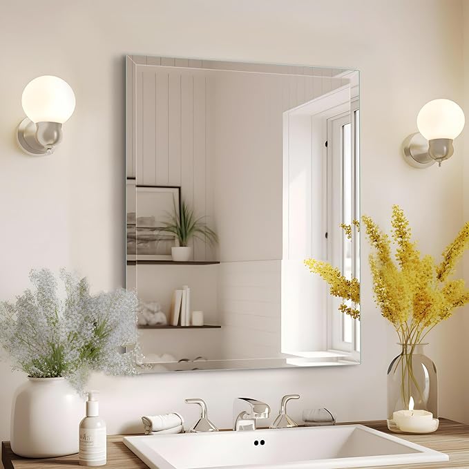 24"x30" Frameless Rectangle Wall Mirror with 1 inch Beveled Edge for Bathroom Vanity