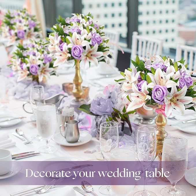 Hotop 20 Pcs Artificial Flowers Velvet Realistic Roses and Latex Lilies Flowers Bouquet Decorations Arrangements for Home Table Centerpieces Independence Day(Purple, White)