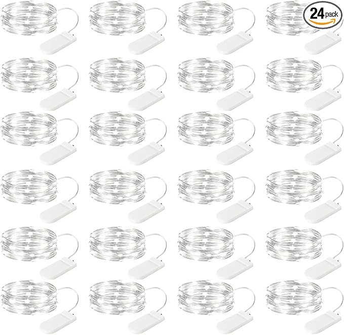 Brightown 24 Pack LED Fairy Lights Battery Operated 7 ft 20 LED String Light Waterproof Silver Wire Firefly Starry Lights for Crafts Wedding Party Bedroom (White)