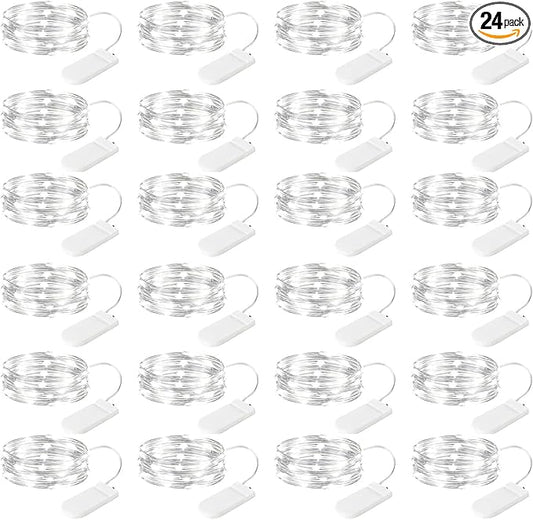 Brightown 24 Pack LED Fairy Lights Battery Operated 7 ft 20 LED String Light Waterproof Silver Wire Firefly Starry Lights for Crafts Wedding Party Bedroom (White)