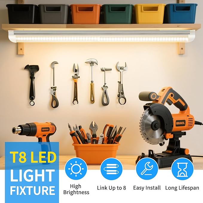 CNSUNWAY 2FT LED Shop Light, 20W 3000K Warm White, T8 LED Tube Light, Ceiling and Utility Shop Lights, Linkable Under Counter Lights for Kitchen, Garage, Workbench, Basement, ETL Listed (Pack of 6)