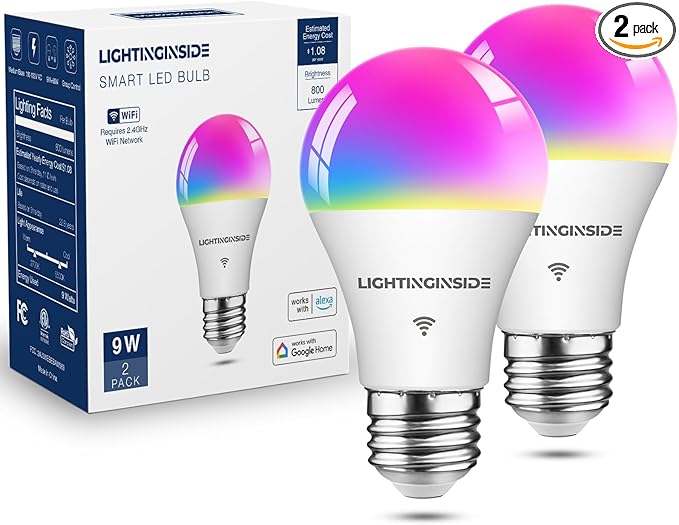 Lightinginside Smart Light Bulbs 60W Equivalent, WiFi Smart Bulb Compatible with Alexa/Google Assistant/Smart Life, A19 E26 RGBCW Color Changing, No Hub Required,2.4G WiFi, ETL Listed, 9W 800LM, 2PCS
