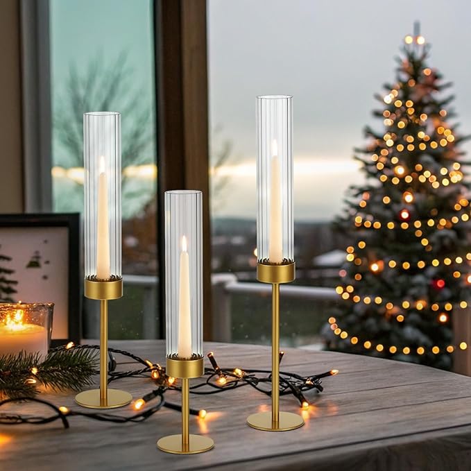 Glass Hurricane Candle Holders Set (6pcs)-Gold Metal Base Taper Candle Stick Holders for Candlesticks Holder Decor, Elegant Dining Table Centerpiece for Wedding, Christmas & Home Decor-Ribbed Glass