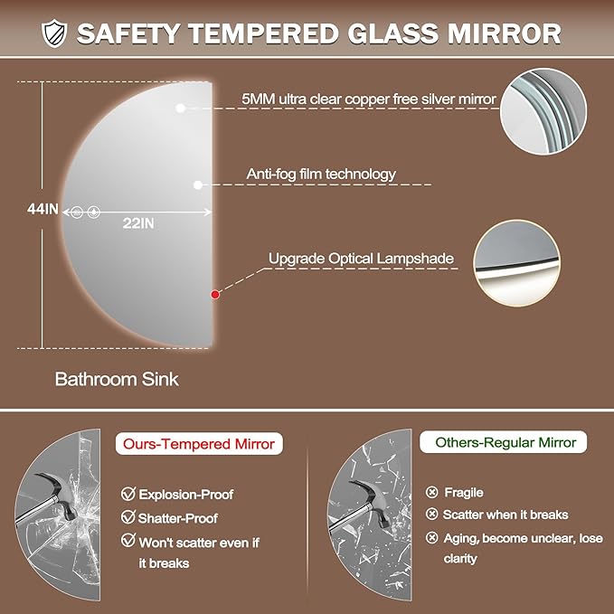 Half Moon Mirrors for Wall, LED Bathroom Mirrors with Lights-Anti-Fog Wall Mirror,Touch Switch Backlit Bathroom Mirror-3 Colors-Dimmable Brightness, Memory