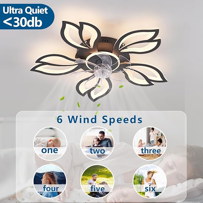 Ceiling Fan with Lights Remote Control, 26" Black Low Profile Ceiling Fan with Light, Modern Leaf Geometric Flush Mount Ceiling Fan for Kitchen Bedroom