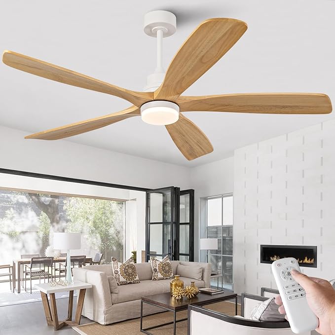 BOJUE 60 Inch Outdoor Ceiling Fans with Lights and Remote Control, Dimmable 5 Blade Wood Outdoor Ceiling Fans for Patios, White Natural Wood Bedroom Ceiling Fan with Lights, Noiseless DC Motor