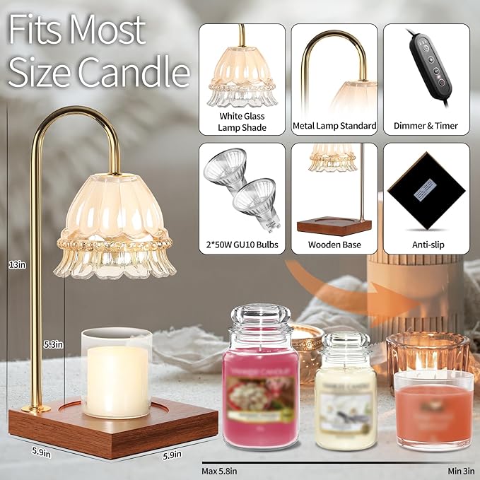 Candle Warmer Lamp, Candle Lamp Wax Warmer, Timer & Dimmer 7-Levels, Compatible All Jar Candles, Top Melting, Glass Candle Heater Lamp for Scented Wax, Elegant Home Decoration, Milk Glass Flower