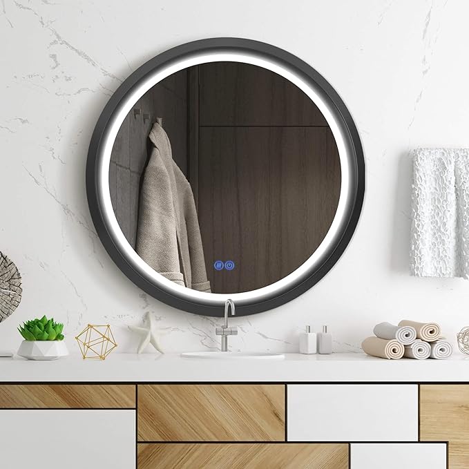Round LED Bathroom Mirror with Lights, Front Lit Makeup Mirror, Anti-Fog, 3 Colors and Dimmable Light, 36 Inchs Black