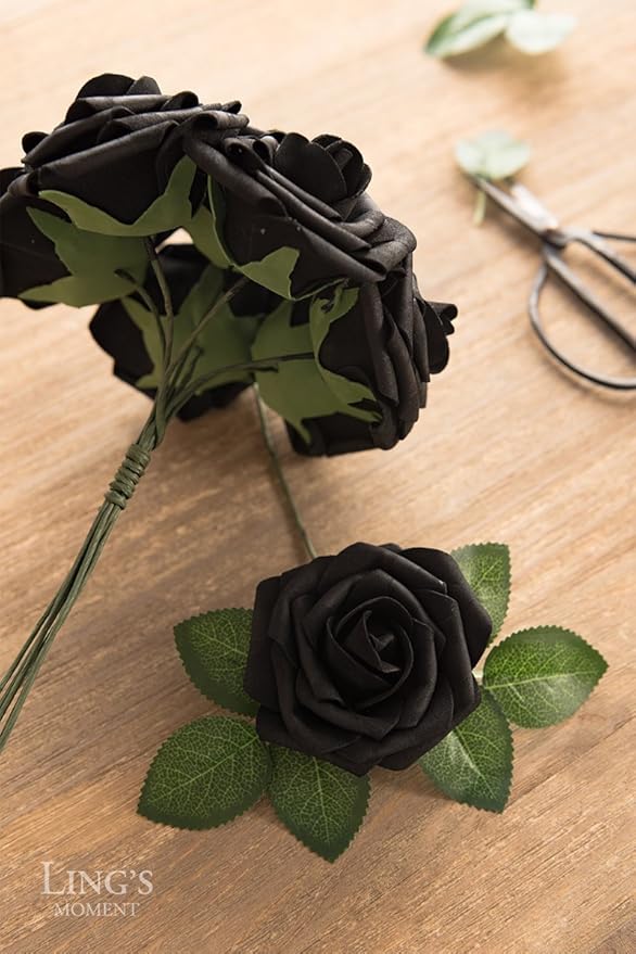 Ling's moment Artificial Flowers 50Pcs Black Roses Decor w/Stems,3" Real Touch DIY Foam Floral for Wedding Bouquet/Centerpieces, Outdoors Party Backdrop, Room/Table, and Garden/Pot Decorations