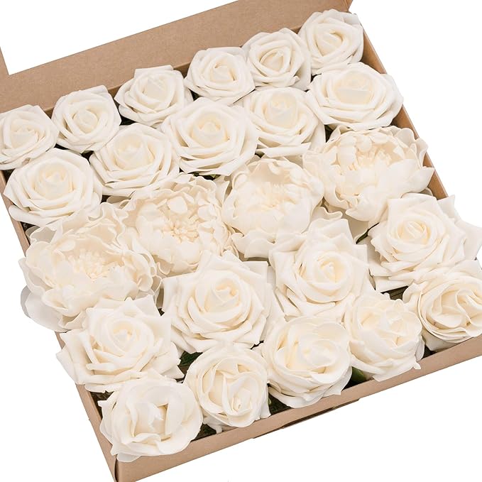 Ling's Moment Artificial Flowers Fake Roses Faux Foam Peony Combo for DIY Wedding Bouquets Centerpieces Arrangements Bridal Shower Party Home Decorations, Ivory, 24pcs