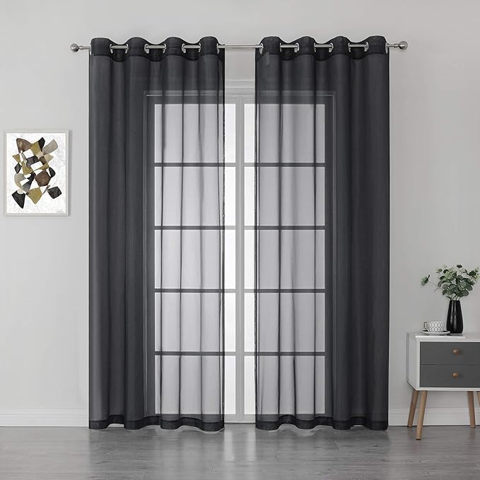 KEQIAOSUOCAI Patio Door Sheer Curtain Panels - 108 inch Length Ceiling to Floor Extra Long Voile Drape Curtains Window Treatment for Sliding Glass Door (Jet Black,2 Pieces,W 54 x L 108 inches Long)