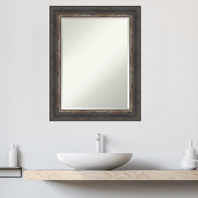 Amanti Art Brown Bathroom Mirror for Over Sink, 29x23 Bark Rustic Char Rectangle Vanity Mirror, Medium Country Rustic Frame, Hangs Horizonally and Vertically, Bathroom Wall Decor, Beveled Edge