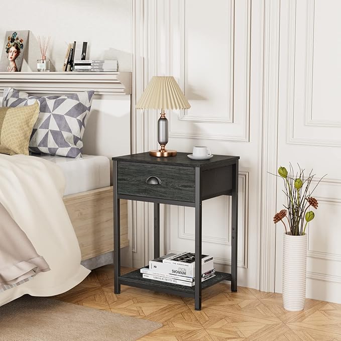 Furologee Nightstands Set of 2, Industrial End Table with Fabric Drawer&Storage Shelf, Small Bedside Table Organizer for Small Space for Living Room, Tall 23.6" Night Stand for Bedroom, Black Oak