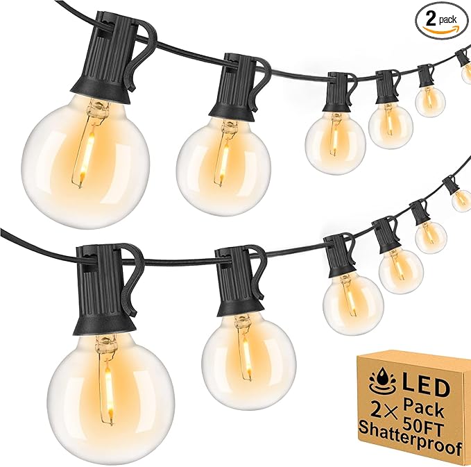 100ft Outdoor String Lights Waterproof/Connectable/Dimmable with 52 LED Shatterproof Bulbs,2-Pack 50ft UL Listed Globe G40 String Lights Outside Lighting for Patio Backyard Cafe Party Wedding Garden