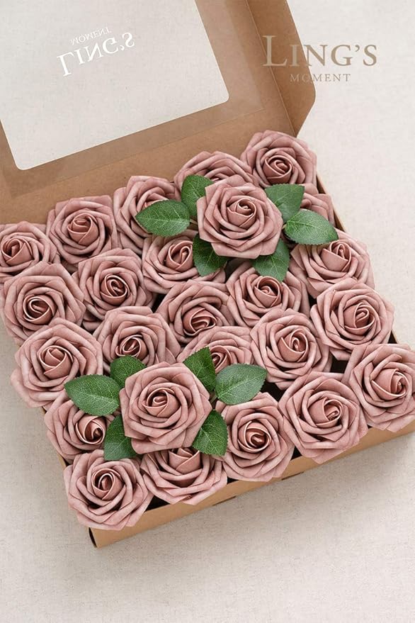 Ling's moment Artificial Flowers 25Pcs Dusty Rose Roses Decor w/Stems,3" Real Touch DIY Foam Floral for Wedding Bouquet/Centerpieces, Outdoors Party Backdrop, Room/Table, and Garden/Pot Decorations
