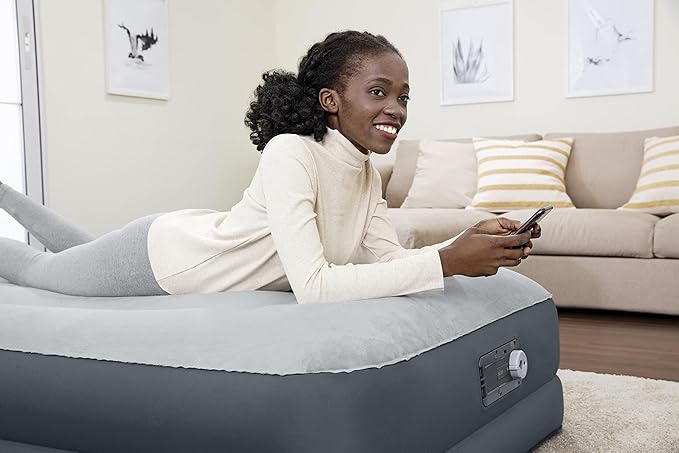 SleepLux Twin Air Mattress Supersoft Snugable Top Extra Durable Tough Guard with Built-in Pillow Raised 15" Airbed with Built in Pump + USB Charger Twin 15", Small, Grey