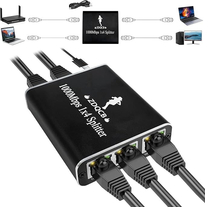 Ethernet Splitter 1 to 4, RJ45 Splitter Adapter, High Speed Internet & Ethernet Switch for Cat5, Cat5e, Cat6, Cat7 Cable (1 to 4, 1000Mbps)