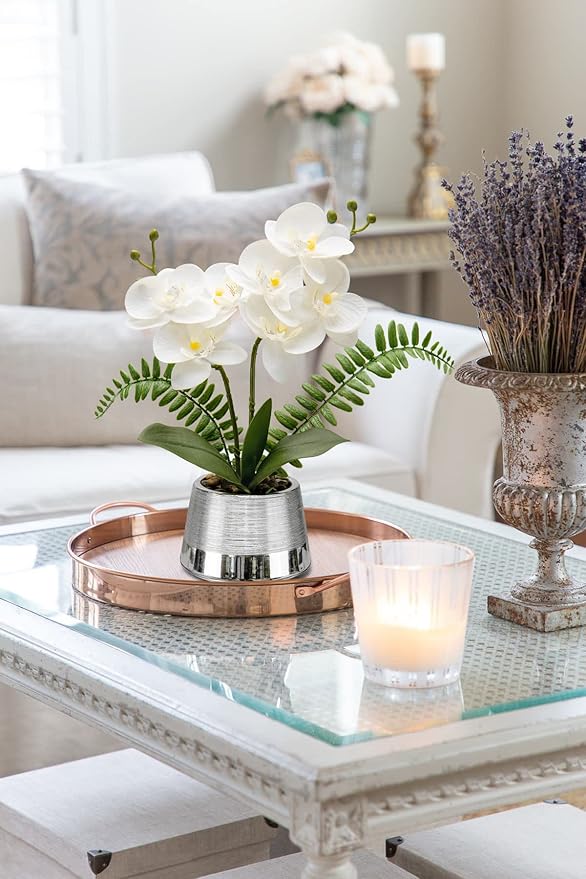 White Orchids Artificial Flowers in Silver Pot Faux Phaleanopsis Orchid Bonsia Fake Orchid Centerpiece for Dining Room Table