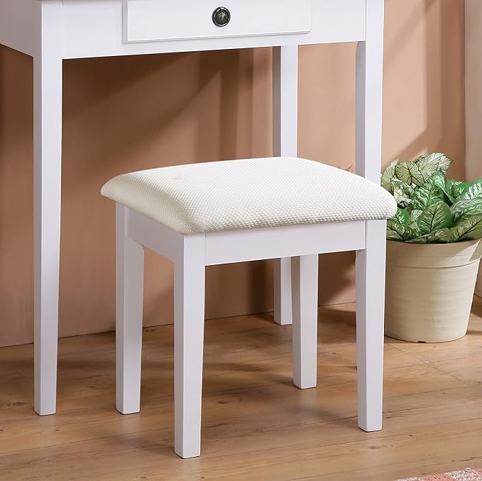 Roundhill Furniture Moniya White Wood Vanity Table and Stool Set (3415WH) Medium