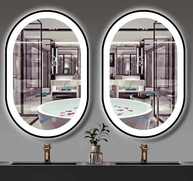 32 x 20 Inch Black Oval LED Mirror for Bathroom Salon Wall Horizontal/Vertical Mounted 32 Inch Black Frame Oval Lighted Mirror with Lights Smart Memory 3 Color Dimmable Front Lights Antifog