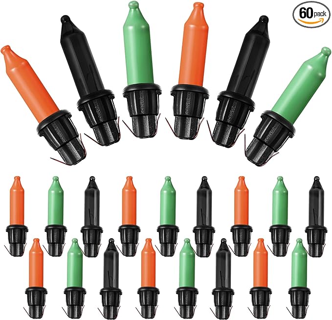 60Count 2.5V Christmas 50/100/150/200 Count Mini Incandescent Wire String Lights Replacement Bulbs Indoor/Outdoor Christmas Lights Decor for Home Xmas Tree (Black Base with Orange, Green, Black Bulb)