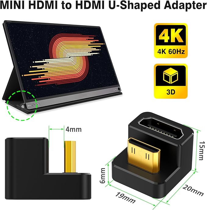 AGVEE 180 Degree Angled USB-C to USB-C Adapter and Long Side Inward U-Shaped Mini HDMI to HDMI Converter, HDMI 2.0 4k@60HZ, Coupler Extender Extension for Portable Display Monitor, Black