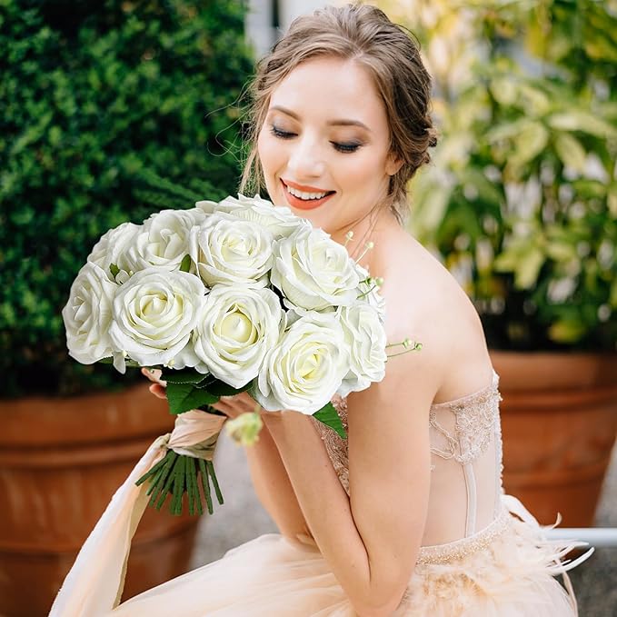 Artificial Roses Bouquets - 8 Bundles Fake Silk Flowers Realistic Faux Florals Bulk for Wedding Bridal Party Baby Shower Event Home Arrangements Centerpieces Decorations (White)