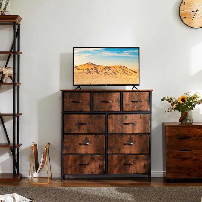 DUMOS Dresser for Bedroom, Storage Organizer with 9 Drawers, Chest of Drawers with Fabric Bins, Sturdy Metal Frame, Wood Tabletop for Guest Room, Closet, Entryway, Nursery