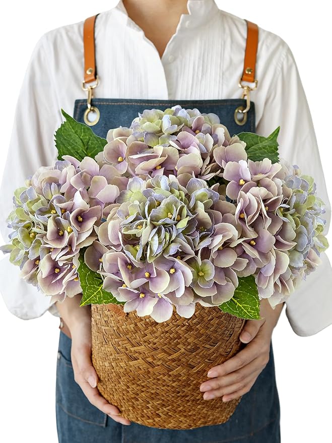 Hydrangea Artificial Flowers, 4PCS 21" Latex Real Touch Vintage Lifelike Silk Flowers,Faux Hydrangea Bouquet Fake Flowers for Wedding Centerpieces Tables Party Outdoor Home (Green/Puple)