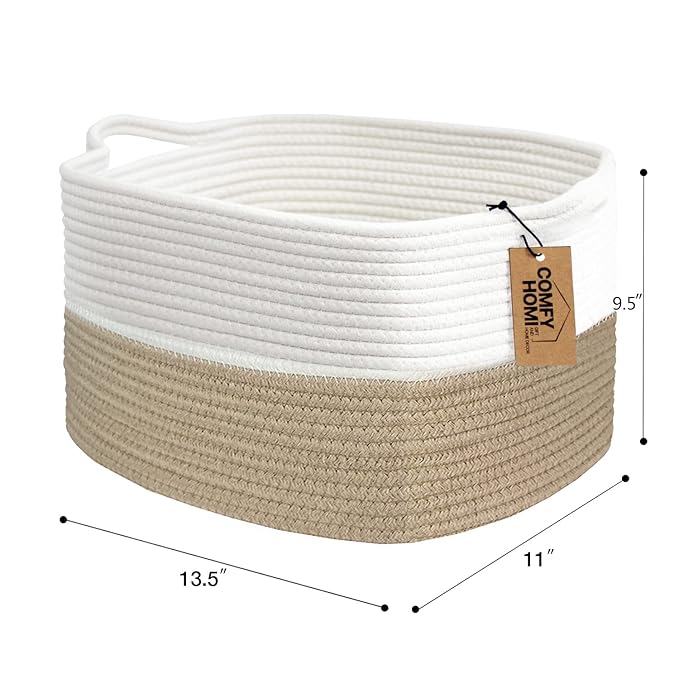 COMFY-HOMI Cotton Rope Woven Basket with Handles for Shelves,Toys,Book, Cloth Storage Baskets Bin for Organizing-13.5"x11"x9.5" Toy Decorative Organizer for Living Room, Bathroom-Light Brown