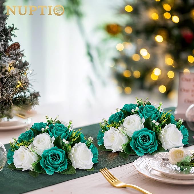 NUPTIO Flower Wedding Centrepieces for Tables - 6 Pcs 9.5in Diameter Teal & White Artificial Flowers Rose Ball for Centerpieces Table - Fake Rose Arrangements for Weddings Birthday Party Decorations