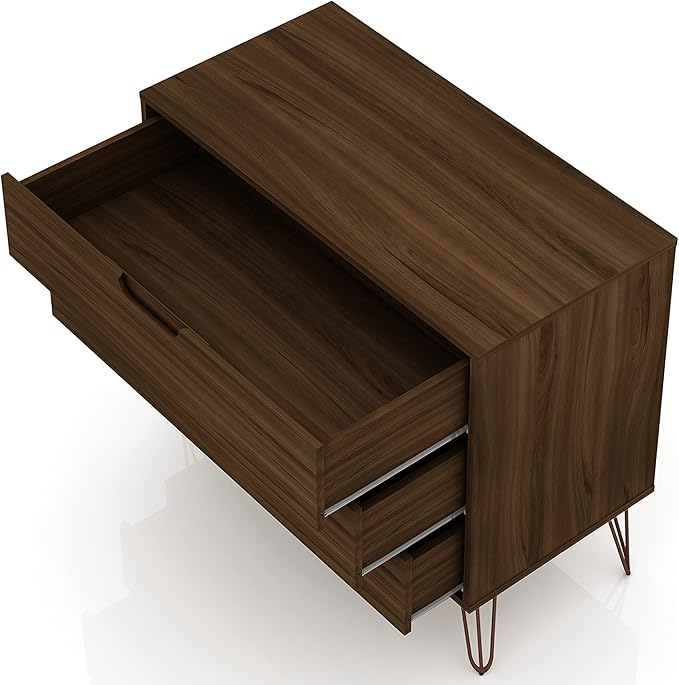 Manhattan Comfort Rockefeller 3 Drawer Dresser for Bedroom Storage, Nursery, Closet, Living Room, Entryway, TV Stand for Screens up to 32 Inches, Anti-Tip Kit Included, Set of 2, Brown