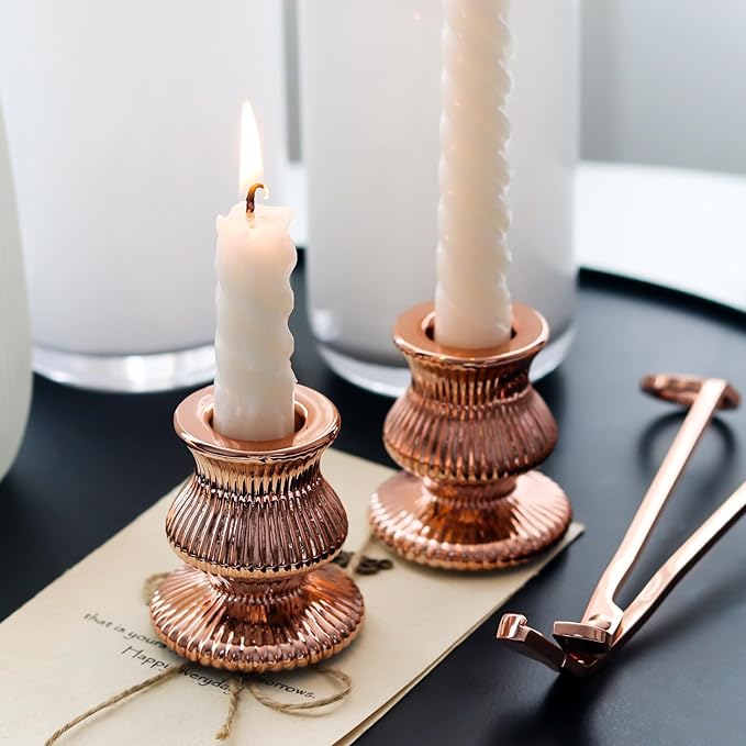 WDHODEC Pink Gold Candlestick Holders 12PCS Glass Taper Candle Holders for Table Centerpiece Colorful Candle Sticks for Spring Wedding, Party and Festival Decoration