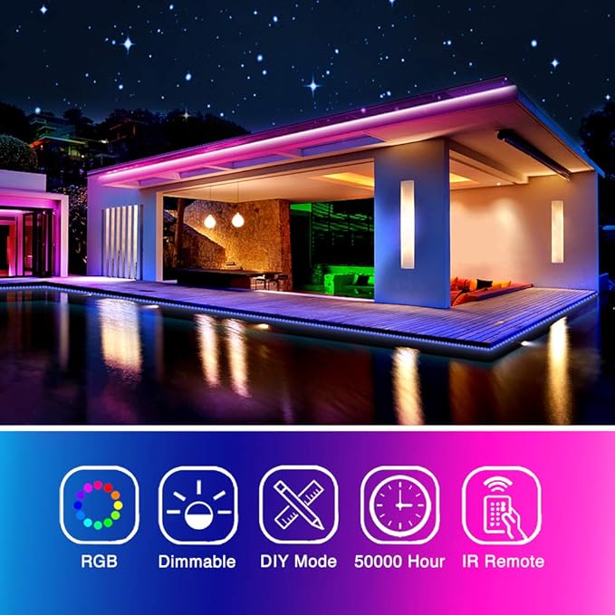 phopollo LED Strip Lights 32.8ft, Color Changing LED Lights for Bedroom, Kitchen, Cabinet Decoration, with 12V Power Supply and 44-Key Remote