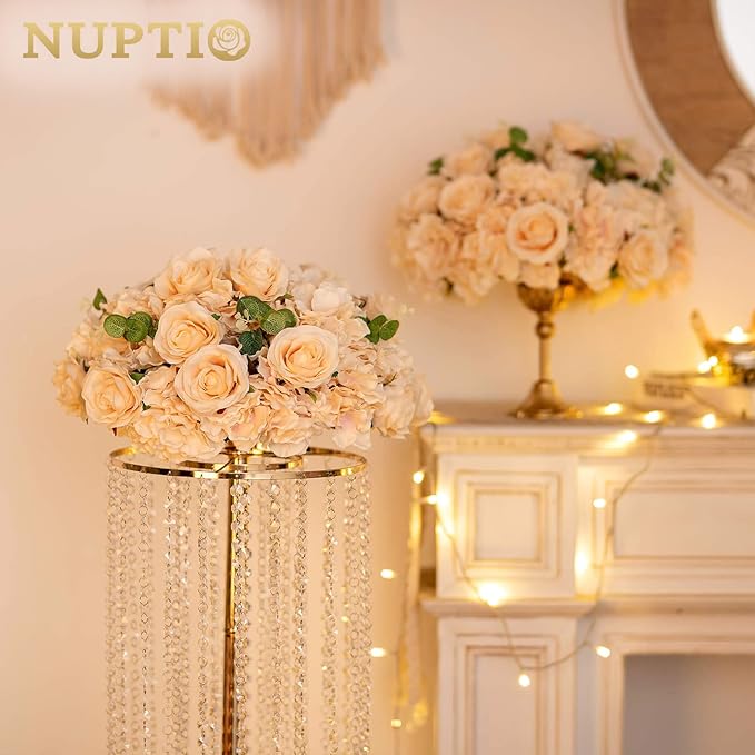 NUPTIO Flower Ball Arrangement Bouquet - 2 Pcs 15.7 inch Diameter Champagne Fake Flowers Roses Balls for Centerpieces Tables - Artificial Rose Arrangements for Wedding Centerpiece Table Decorations