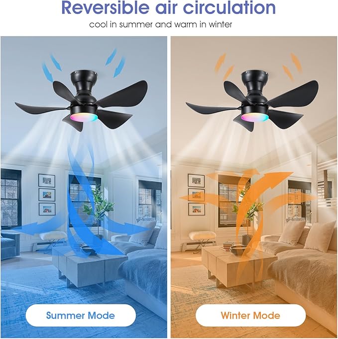 Ceiling Fans with Lights and Remote/APP Control, 30 inch Low Profile Ceiling Fans with Dimmable White Colors and RGB Lighting, 6 Speeds 5 Curved Blades for Kids Room Bedroom Bar, Black