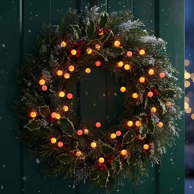 QBIS 40 LED Berry Cluster Lights - Red, Orange & Yellow Battery Powered Christmas Lights with Timer, String Lighting Perfect for Christmas, Fall and Fireplace Cozy Lighting. Indoor and Outdoor use.
