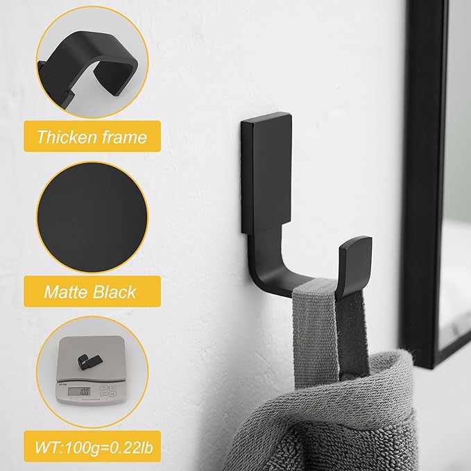 BESy Brass Clothes Hook Single Towel Hook for Bathroom Kitchen Garage Square Style Robe Hooks Coat and Hat Hook, Self Adhesive with Glue or Wall Mounted with Screws, Matte Black