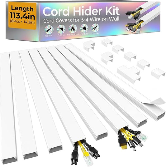113.4in Cord Hider Kit, Cord Covers for 3-4 Wires on Wall, Self-Adhesive Tv Cable Hider, Paintable Wire Hider Wire Covers for Cords on Wall, Cable Cover Management Kit, L14.2 W1.18 H0.6in, White