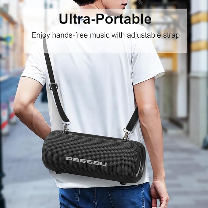 Passau Portable Bluetooth Speakers Loud 40W Peak Stereo Sound, Passive Radiators-Deep Bass, All Day Playtime, Adjustable Strap, BT5.3, IPX5 Wireless Speaker RGB Lights for Indoor Outdoor