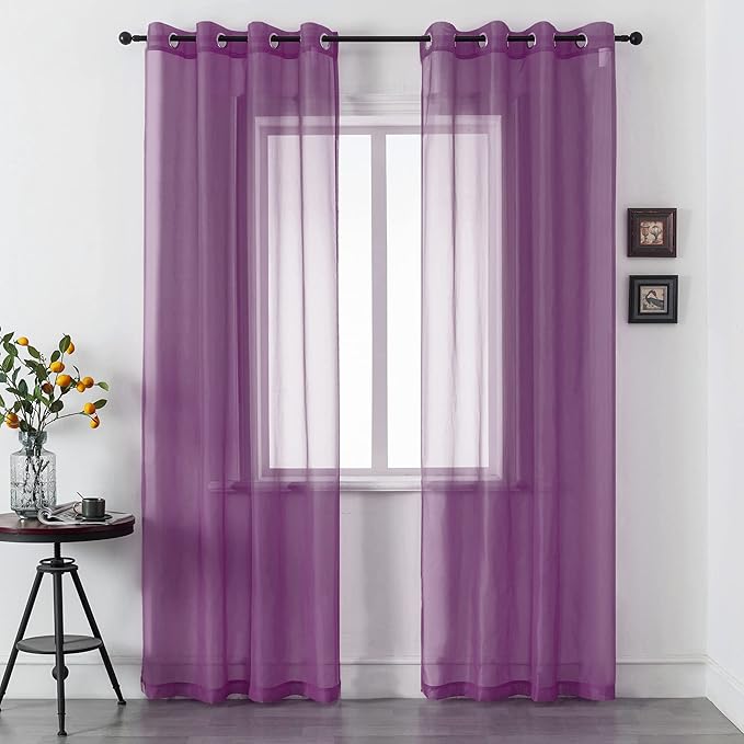 DUALIFE Purple Curtains 96 Inches Long for Living Room Set of 2 Panels Grommet Window Semi Voile Drapes Dark Purple Sheer Curtains for Kids Girls Bedroom Decor Royal Purple 52x96 Inch Length