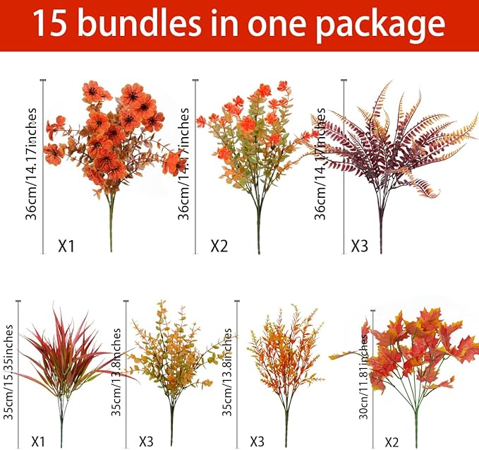 15PCS Artificial Fall Plants for Outdoors, Orange Fake Grass Plants Flowers for Autumn Decorations, UV Resistant Faux Foliage Greenery Bushes for Window Porch Garden Yard Décor
